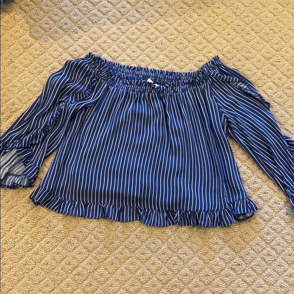 American Eagle blue and white off the shoulder top